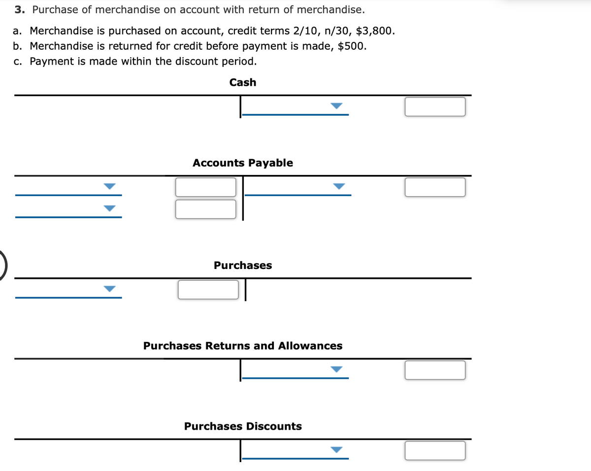 3. Purchase of merchandise on account with return of merchandise.
a. Merchandise is purchased on account, credit terms 2/10, n/30, $3,800.
b. Merchandise is returned for credit before payment is made, $500.
c. Payment is made within the discount period.
Cash
Accounts Payable
Purchases
Purchases Returns and Allowances
Purchases Discounts
