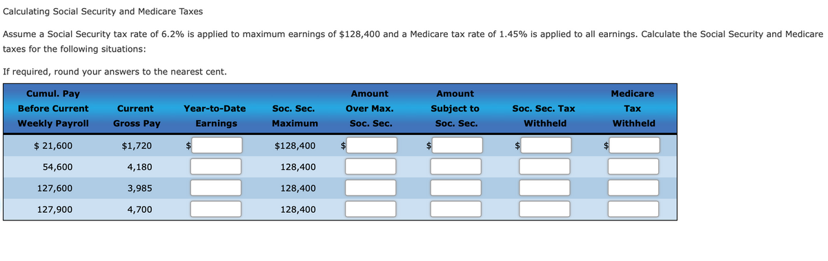 Calculating Social Security and Medicare Taxes
Assume a Social Security tax rate of 6.2% is applied to maximum earnings of $128,400 and a Medicare tax rate of 1.45% is applied to all earnings. Calculate the Social Security and Medicare
taxes for the following situations:
If required, round your answers to the nearest cent.
Cumul. Pay
Amount
Amount
Medicare
Before Current
Current
Year-to-Date
Soc. Sec.
Over Max.
Subject to
Soc. Sec. Tах
Тax
Weekly Payroll
Gross Pay
Earnings
Maximum
Soc. Sec.
Soc. Sec.
Withheld
Withheld
$ 21,600
$1,720
$128,400
2$
$
54,600
4,180
128,400
127,600
3,985
128,400
127,900
4,700
128,400
