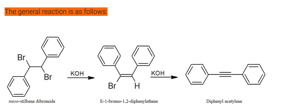 The general reaction is as follows:
Br,
КОН
КОН
Br
Br
H
meso-stilbene dibromide
E-1-bromo-1,2-diphenylethene
Diphenyl acetylene
