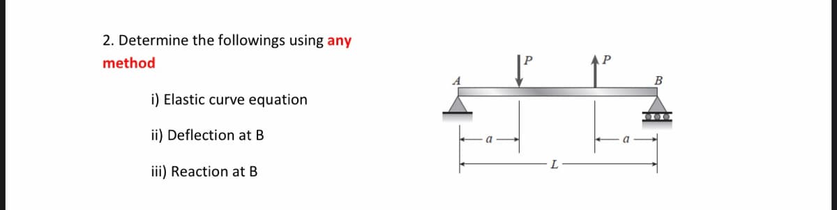 2. Determine the followings using any
method
i) Elastic curve equation
ii) Deflection at B
iii) Reaction at B
P
1²