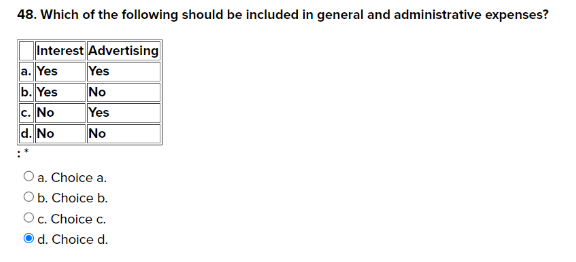 48. Which of the following should be included in general and administrative expenses?
Interest Advertising
a. Yes
b. Yes
c. No
d. No
Yes
No
Yes
No
a. Choice a.
O b. Choice b.
O c. Choice c.
d. Choice d.