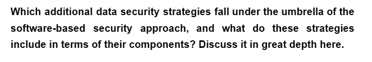 Which additional data security strategies fall under the umbrella of the
software-based security approach, and what do these strategies
include in terms of their components? Discuss it in great depth here.