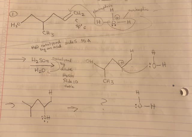 electrophire
H.
CH2
nuckoplic
DHC
sp c
CH3
HzD catalyzed.
by an acid
Slide 5 35 A
> H, So4 atalyzed
by
ditute
OH
H2O L
Hasot
CH 3
table
H.
