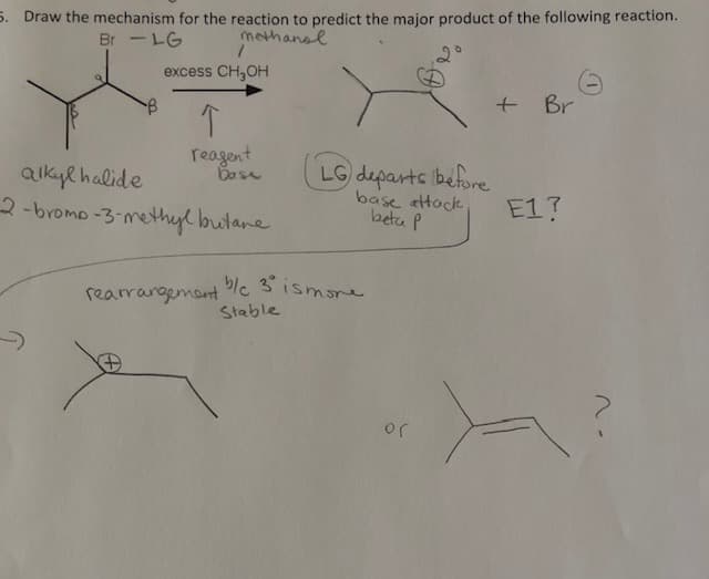 5. Draw the mechanism for the reaction to predict the major product of the following reaction.
Br -LG
methanol
excess CH,OH
Br
reagent
bose
alkyl halide
2-bromo -3-methyl butane
LG departs before
base attock
beta P
E1?
rearrangemont c 3 ismone
Stable
or
