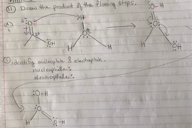 Draw the product of the flowing steps.
H.
Didentify mucleopbile 8 electhophik.
nudleophile:
elechophile.
:O-H
H.
