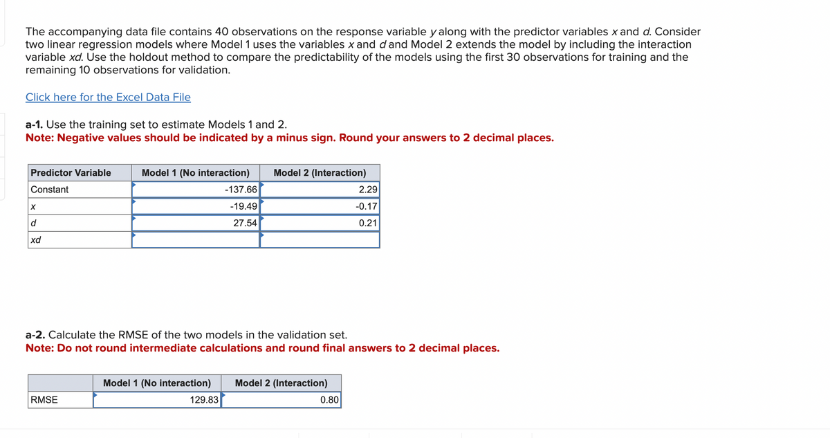 The accompanying data file contains 40 observations on the response variable y along with the predictor variables x and d. Consider
two linear regression models where Model 1 uses the variables x and d and Model 2 extends the model by including the interaction
variable xd. Use the holdout method to compare the predictability of the models using the first 30 observations for training and the
remaining 10 observations for validation.
Click here for the Excel Data File
a-1. Use the training set to estimate Models 1 and 2.
Note: Negative values should be indicated by a minus sign. Round your answers to 2 decimal places.
Predictor Variable
Constant
X
d
xd
Model 1 (No interaction)
RMSE
Model 1 (No interaction)
-137.66
-19.49
27.54
a-2. Calculate the RMSE of the two models in the validation set.
Note: Do not round intermediate calculations and round final answers to 2 decimal places.
129.83
Model 2 (Interaction)
Model 2 (Interaction)
2.29
-0.17
0.21
0.80