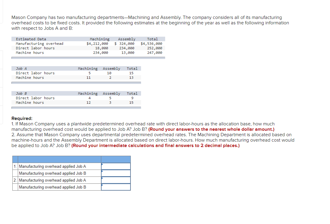 Mason Company has two manufacturing departments-Machining and Assembly. The company considers all of its manufacturing
overhead costs to be fixed costs. It provided the following estimates at the beginning of the year as well as the following information
with respect to Jobs A and B:
Estimated Data
Manufacturing overhead
Direct labor hours
Machine hours
Job A
Direct labor hours.
Machine hours.
Job B
Direct labor hours.
Machine hours
Machining
$4, 212,000
18,000
234,000
Machining
5
11
Machining
4
12
1. Manufacturing overhead applied Job A
Manufacturing overhead applied Job B
2. Manufacturing overhead applied Job A
Manufacturing overhead applied Job B
Total
Assembly
$ 324,000 $4,536,000
234,000
13,000
Assembly
10
2
Assembly
5
3
Total
15
13
Total
9
15
252,000
247,000
Required:
1. If Mason Company uses a plantwide predetermined overhead rate with direct labor-hours as the allocation base, how much
manufacturing overhead cost would be applied to Job A? Job B? (Round your answers to the nearest whole dollar amount.)
2. Assume that Mason Company uses departmental predetermined overhead rates. The Machining Department is allocated based on
machine-hours and the Assembly Department is allocated based on direct labor-hours. How much manufacturing overhead cost would
be applied to Job A? Job B? (Round your intermediate calculations and final answers to 2 decimal places.)