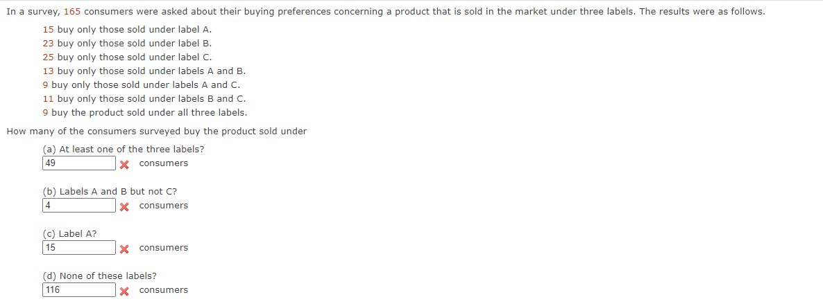 In a survey, 165 consumers were asked about their buying preferences concerning a product that is sold in the market under three labels. The results were as follows.
15 buy only those sold under label A.
23 buy only those sold under label B.
25 buy only those sold under label C.
13 buy only those sold under labels A and B.
9 buy only those sold under labels A and C.
11 buy only those sold under labels B and C.
9 buy the product sold under all three labels.
How many of the consumers surveyed buy the product sold under
(a) At least one of the three labels?
49
X consumers
(b) Labels A and B but not C?
4
X consumers
(c) Label A?
15
X consumers
(d) None of these labels?
116
X consumers