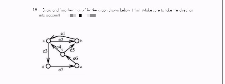 15. Draw and "incirlant matrix" tar the araph chown below (Hint Make sure to take the direction
into account)
el
e7
