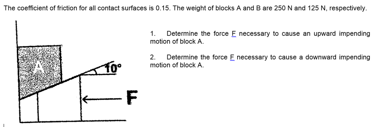 The coefficient of friction for all contact surfaces is 0.15. The weight of blocks A and B are 250 N and 125 N, respectively.
Determine the force E necessary to cause an upward impending
motion of block A.
1.
2.
Determine the force F necessary to cause a downward impending
motion of block A.
