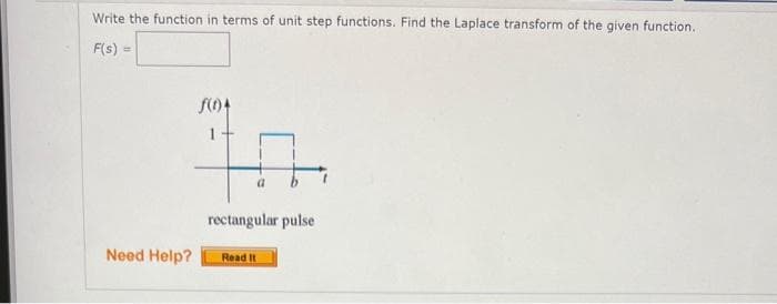 Write the function in terms of unit step functions. Find the Laplace transform of the given function..
F(s) =
f(0)4
a
rectangular pulse
Need Help? Read It