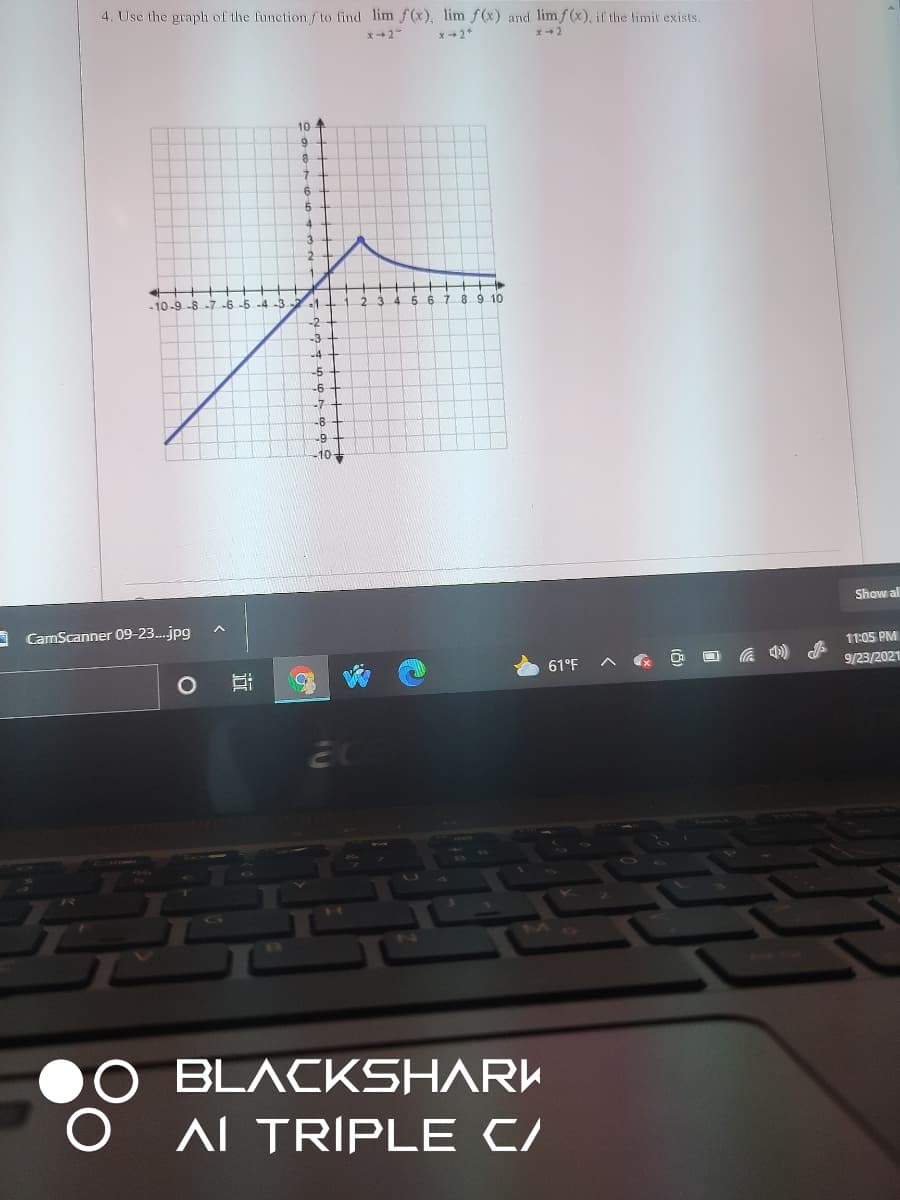 4. Use the graph of the funetion f to find lim f(x), lim f(x) and limf (x), if the limit exists.
10 4
4.
-10-9 -8 -7 -6 -5 -43
-1
1.
2345 67 8 9 10
-3
-5
-6
-7
-8
10
Show al
A CamScanner 09-23.jpg
11:05 PM
61°F
9/23/2021
BLACKSHARK
AL TRIPLE C/
近
