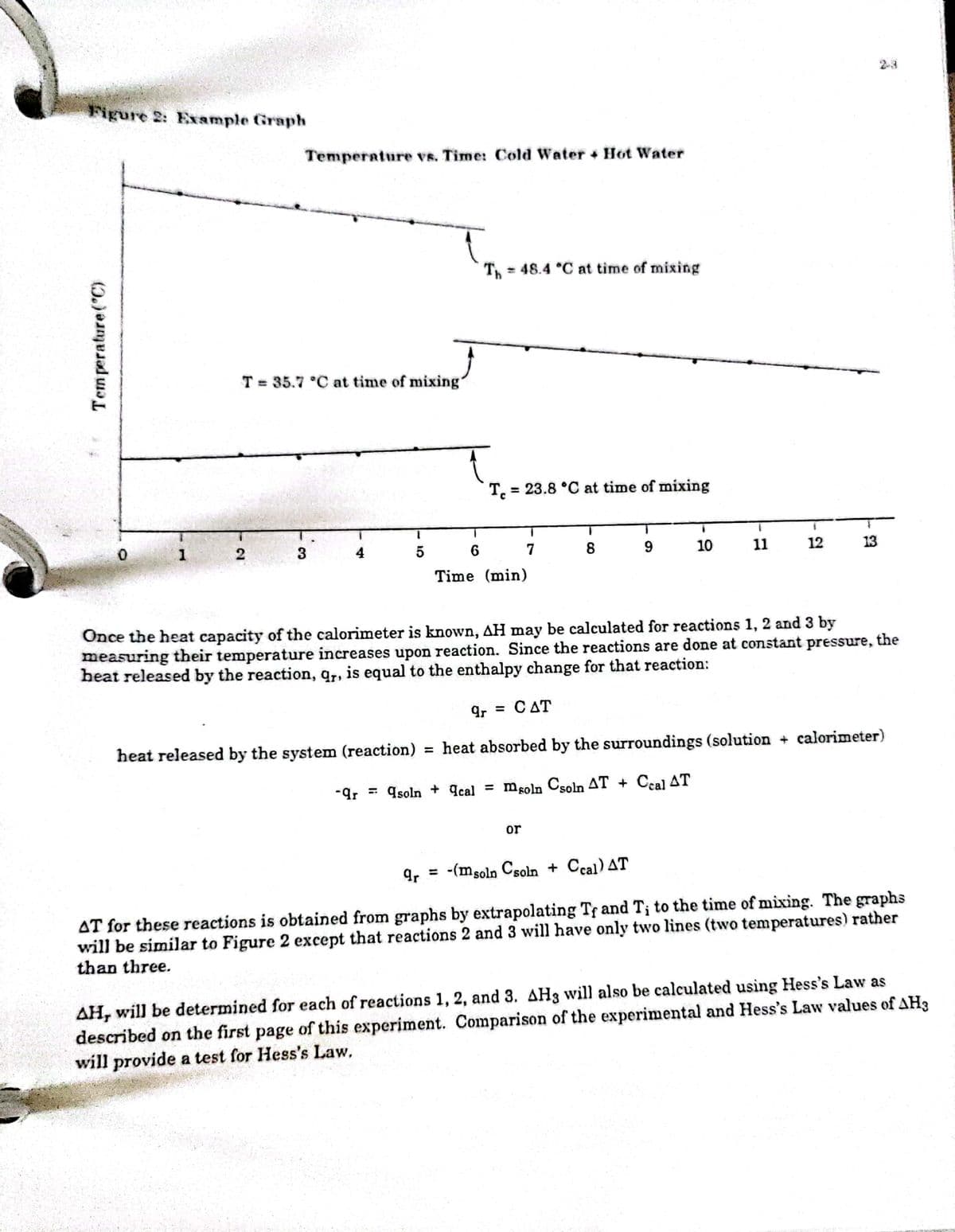 2-3
Figure 2: Example Graph
Temperature vs. Time: Cold Water + Hot Water
Th = 48.4 °C at time of mixing
T = 35.7 °C at time of mixing'
T. = 23.8 °C at time of mixing
1.
2
3
4
6
7
8.
10
11
12
13
Time (min)
Once the heat capacity of the calorimeter is known, AH may be calculated for reactions 1, 2 and 3 by
measuring their temperature increases upon reaction. Since the reactions are done at constant pressure, the
heat released by the reaction, q,, is equal to the enthalpy change for that reaction:
9r = CAT
heat released by the system (reaction) = heat absorbed by the surroundings (solution + calorimeter)
= Asoln + 9cal = msoln Csoln AT + Ccal AT
or
9r =
-(msoln Csoln + Ccal)AT
AT for these reactions is obtained from graphs by extrapolating Tf and T¡ to the time of mixing. The graphs
will be similar to Figure 2 except that reactions 2 and 3 will have only two lines (two temperatures) rather
than three.
AH, will be determined for each of reactions 1, 2, and 3. AH3 will also be calculated using Hess's Law as
described on the first page of this experiment. Comparison of the experimental and Hess's Law values of AH3
will provide a test for Hess's Law.
Tem perature ("C)
