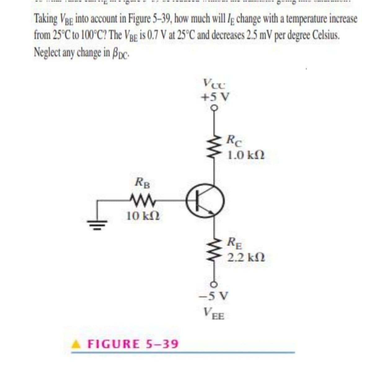 Taking VBg into account in Figure 5–39, how much will /g change with a temperature increase
from 25°C to 100°C? The Vgg is 0.7 V at 25°C and decreases 2.5 mV per degree Celsius.
Neglect any change in BpC-
+5 V
Rc
1.0 kN
Rg
10 kN
RE
2.2 kN
-5 V
VEE
FIGURE 5-39
