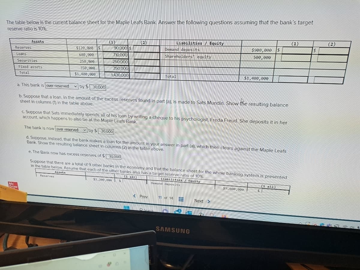 The table below is the current balance sheet for the Maple Leafs Bank. Answer the following questions assuming that the bank's target
reserve ratio is 10%.
Mc
Assets
Reserves
Loans
Securities.
Fixed assets
Total
Graw
$120,000 $
680,000
250,000
350,000
$1,400,000
(1)
90,000 $
710,000
250,000
350,000
1,430,000
Reserves
(2)
$
a. This bank is over-reserved
by $30,000.
b. Suppose that a loan, in the amount of the excess reserves found in part (a), is made to Sats Mundin. Show the resulting balance
sheet in columns (1) in the table above.
< Prev
Demand deposits
Shareholders' equity
Total
Search
Liabilities / Equity
c. Suppose that Sats immediately spends all of his loan by writing a cheque to his psychologist, Freda Freud. She deposits it in her
account, which happens to also be at the Maple Leafs Bank.
The bank is now over-reserved by $30,000
d. Suppose, instead, that the bank makes a loan for the amount in your answer in part (a), which then clears against the Maple Leafs
Bank. Show the resulting balance sheet in columns (2) in the table above.
e. The Bank now has excess reserves of $30,000
Suppose that there are a total of 9 other banks in the economy and that the balance sheet for the whole banking system is presented
in the table below. Assume that each of the other banks also has a target reserve ratio of 10%.
Assets
(1 all)
Liabilities / Equity
Demand deposits
$1,200,000
11 of 14
www
www
www
SAMSUNG
$900,000 $
500,000
Next >
$1,400,000
$9,000,000
(1 all)
$1
(1)
$
(2)
C