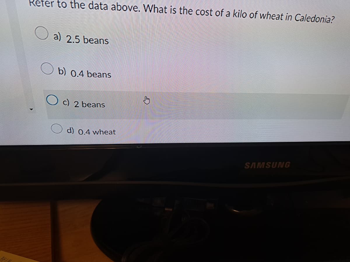 Refer to the data above. What is the cost of a kilo of wheat in Caledonia?
a) 2.5 beans
b) 0.4 beans
c) 2 beans
d) 0.4 wheat
SAMSUNG