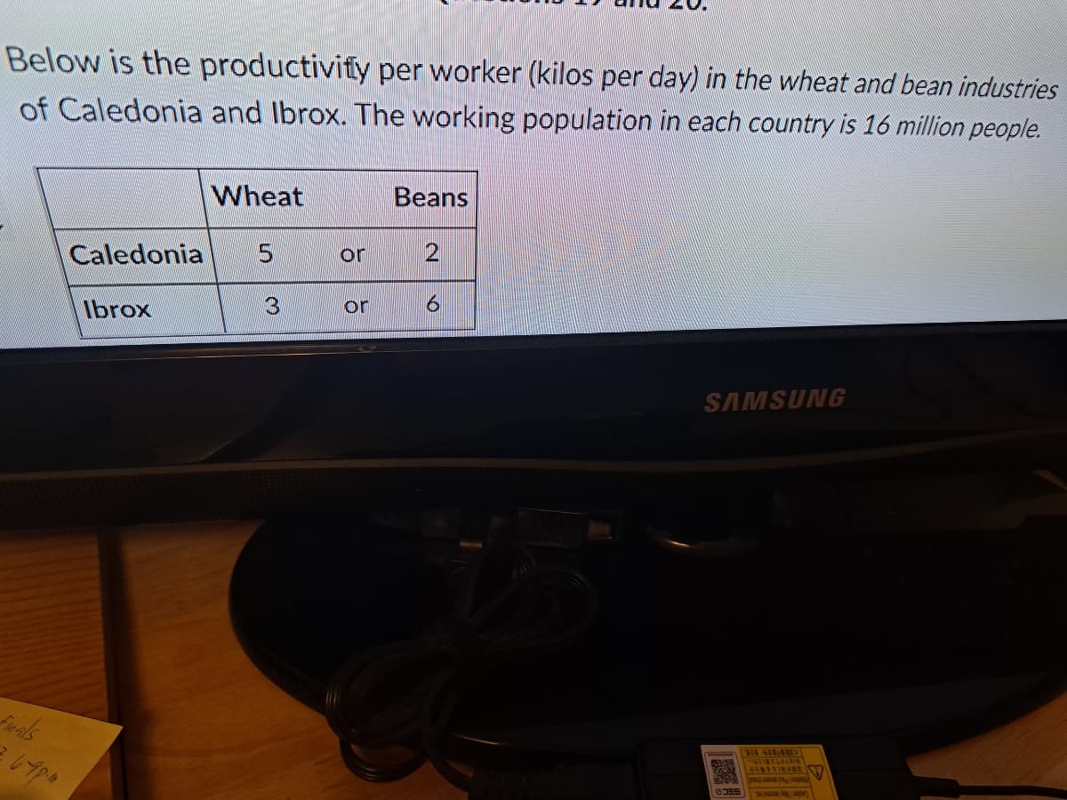 Below is the productivity per worker (kilos per day) in the wheat and bean industries
of Caledonia and Ibrox. The working population in each country is 16 million people.
Finals
6-7p.4
Wheat
Caledonia 5
3
Ibrox
or
or
Beans
2
6
SAMSUNG
DES
EGE
MED EQUAL
presu