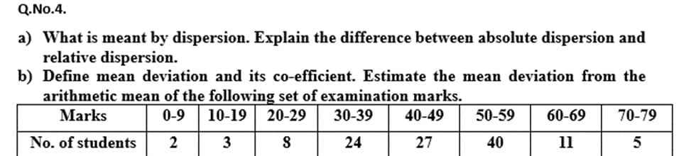 a) What is meant by dispersion. Explain the difference between absolute dispersion and
relative dispersion.
b) Define mean deviation and its co-efficient. Estimate the mean deviation from the
arithmetic mean of the following set of examination marks.
Marks
0-9
10-19 20-29
30-39
40-49
50-59
60-69
70-79
No. of students
2
3
24
27
40
11
