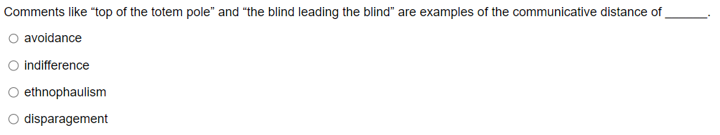 Comments like "top of the totem pole" and "the blind leading the blind" are examples of the communicative distance of
O avoidance
○ indifference
O ethnophaulism
○ disparagement