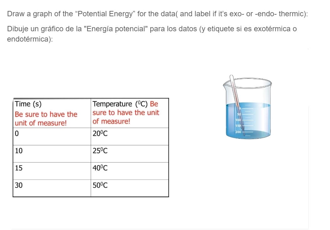 Draw a graph of the "Potential Energy" for the data( and label if it's exo- or -endo- thermic):
Dibuje un gráfico de la "Energía potencial" para los datos (y etiquete si es exotérmica o
endotérmica):
Temperature (°C) Be
sure to have the unit
of measure!
Time (s)
Be sure to have the
100
unit of measure!
150
20°C
200
10
25°C
15
40°C
30
50°C
