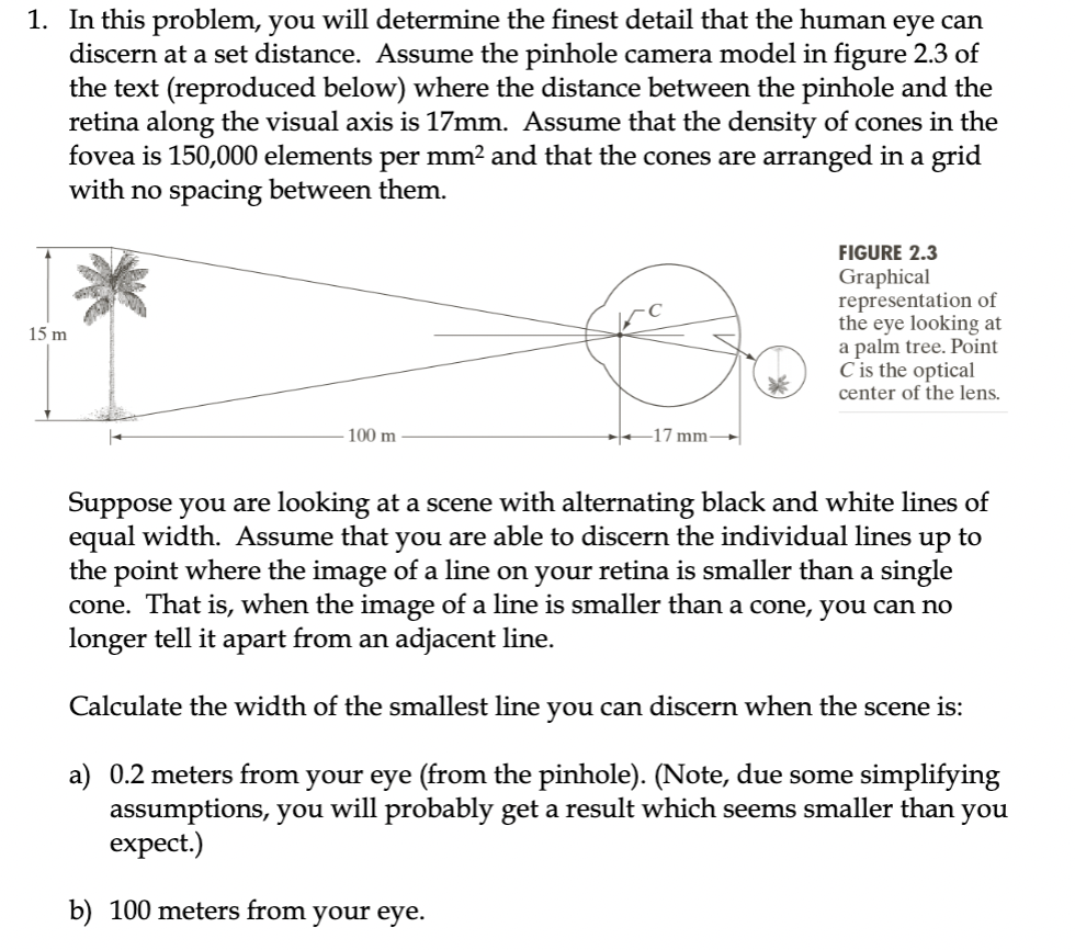 1. In this problem, you will determine the finest detail that the human eye can
discern at a set distance. Assume the pinhole camera model in figure 2.3 of
the text (reproduced below) where the distance between the pinhole and the
retina along the visual axis is 17mm. Assume that the density of cones in the
fovea is 150,000 elements per mm² and that the cones are arranged in a grid
with no spacing between them.
FIGURE 2.3
Graphical
representation of
the eye looking at
a palm tree. Point
Cis the optical
15 m
center of the lens.
100 m
-17 mm→
Suppose you are looking at a scene with alternating black and white lines of
equal width. Assume that you are able to discern the individual lines up to
the point where the image of a line on your retina is smaller than a single
cone. That is, when the image of a line is smaller than a cone, you can no
longer tell it apart from an adjacent line.
Calculate the width of the smallest line you can discern when the scene is:
a) 0.2 meters from your eye (from the pinhole). (Note, due some simplifying
assumptions, you will probably get a result which seems smaller than
expect.)
you
b) 100 meters from your eye.
