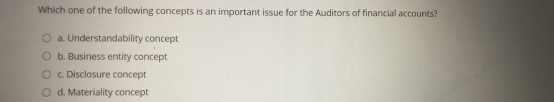 Which one of the following concepts is an important issue for the Auditors of financial accounts?
O a. Understandability concept
O b. Business entity concept
O c. Disclosure concept
O d. Materiality concept
