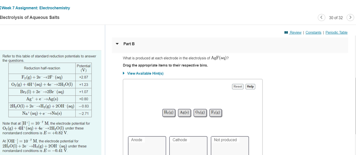 Week 7 Assignment: Electrochemistry
Electrolysis of Aqueous Salts
Refer to this table of standard reduction potentials to answer
the questions.
Reduction half-reaction
F₂ (g) + 2e →2F (aq)
O₂(g) + 4H+ (aq) + 4e¯¯→2H₂O(1)
Br₂ (1) +2e →2Br (aq)
Ag+ + e →Ag(s)
2H₂O(1) +2e →H₂(g) + 2OH(aq)
Na+ (aq) + e→Na(s)
Potential
(V)
+2.87
+1.23
+1.07
+0.80
-0.83
-2.71
Note that at [H+] = 10-7 M, the electrode potential for
O₂(g) + 4H+ (aq) + 4e¯→2H₂O(1) under these
nonstandard conditions is E = +0.82 V.
At [OH-] = 10 7 M, the electrode potential for
2H₂O(1) +2e →H₂(g) + 2OH(aq) under these
nonstandard conditions is E= -0.41 V.
Part B
What is produced at each electrode in the electrolysis of AgF(aq)?
Drag the appropriate items to their respective bins.
► View Available Hint(s)
Anode
H₂(g) Ag(s) O₂(g)
Cathode
F₂ (g)
Reset Help
Not produced
<
30 of 32
Review | Constants | Periodic Table
>