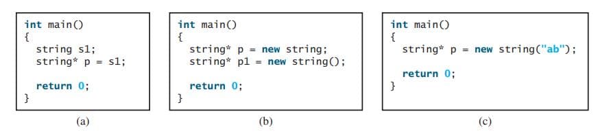 int main()
{
string s1;
string* p = s%;
int main()
{
string* p = new string;
string* pl = new string();
int main()
{
string* p = new string("ab");
return 0;
}
return 0;
return 0;
}
(a)
(b)
