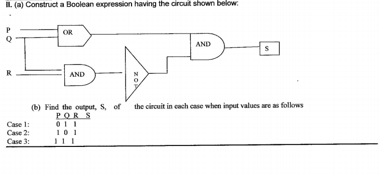 II. (a) Construct a Boolean expression having the circuit shown below:
OR
Q
AND
R
AND
the circuit in each case when input values are as follows
(b) Find the output, S, of
POR S
0 1 1
10 1
11 1
Case 1:
Case 2:
Case 3:
