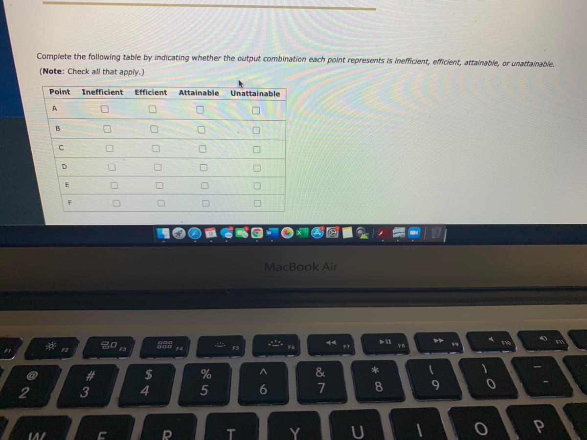 ### Efficiency and Attainability of Output Combinations

Complete the following table by indicating whether the output combination each point represents is inefficient, efficient, attainable, or unattainable.
(**Note:** Check all that apply.)

| **Point** | **Inefficient** | **Efficient** | **Attainable** | **Unattainable** |
|:--------:|:---------------:|:--------------:|:--------------:|:----------------:|
| A         | ☐              | ☐             | ☐             | ☐                |
| B         | ☐              | ☐             | ☐             | ☐                |
| C         | ☐              | ☐             | ☐             | ☐                |
| D         | ☐              | ☐             | ☐             | ☐                |
| E         | ☐              | ☐             | ☐             | ☐                |
| F         | ☐              | ☐             | ☐             | ☐                |

#### Instructions: 
- Check the boxes corresponding to the categories (inefficient, efficient, attainable, unattainable) for each point (A, B, C, D, E, F). 
- A point can be categorized under multiple categories if applicable.