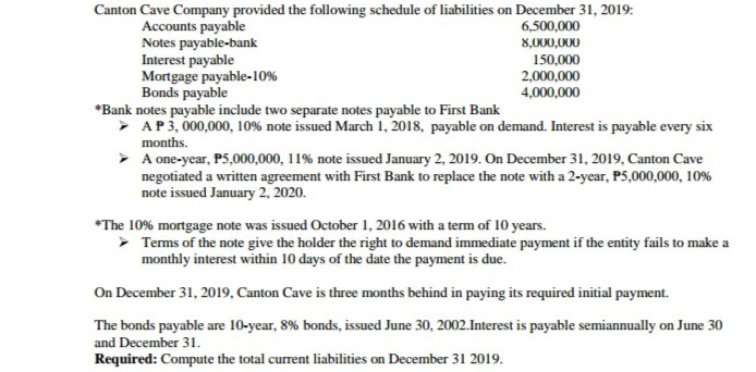 Canton Cave Company provided the following schedule of liabilities on December 31, 2019:
Accounts payable
Notes payable-bank
Interest payable
Mortgage payable-10%
Bonds payable
*Bank notes payable include two separate notes payable to First Bank
> AP3, 000,000, 10% note issued March 1, 2018, payable on demand. Interest is payable every six
6,500,000
8,000,000
150,000
2,000,000
4,000,000
months.
> A one-year, P5,000,000, 11% note issued January 2, 2019. On December 31, 2019, Canton Cave
negotiated a written agreement with First Bank to replace the note with a 2-year, P5,000,000, 10%
note issued January 2, 2020.
*The 10% mortgage note was issued October 1, 2016 with a term of 10 years.
> Terms of the note give the holder the right to demand immediate payment if the entity fails to make a
monthly interest within 10 days of the date the payment is due.
On December 31, 2019, Canton Cave is three months behind in paying its required initial payment.
The bonds payable are 10-year, 8% bonds, issued June 30, 2002.Interest is payable semiannually on June 30
and December 31.
Required: Compute the total current liabilities on December 31 2019.
