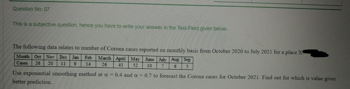 Question No: 07
This is a subjective question, hence you have to write your answer in the Text-Field given below.
The following data relates to number of Corona cases reported on monthly basis from October 2020 to July 2021 for a place XS
Month Oct Nov Dec
26
Jan
March April May June July Aug Sep
Feb
Cases
20
11
9
14
26
41
52
10
Use exponential smoothing method at a = 0.4 and a = 0.7 to forecast the Corona cases for October 2021. Find out for which a value gives
better prediction.
