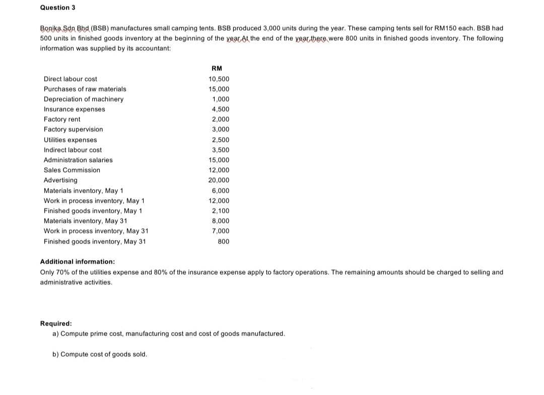 Question 3
Bonika Sdn Bhd (BSB) manufactures small camping tents. BSB produced 3,000 units during the year. These camping tents sell for RM150 each. BSB had
500 units in finished goods inventory at the beginning of the year At the end of the year, there were 800 units in finished goods inventory. The following
information was supplied by its accountant:
RM
Direct labour cost
10,500
Purchases of raw materials
15,000
Depreciation of machinery
1,000
Insurance expenses
4,500
Factory rent
2,000
Factory supervision
3,000
Utilities expenses
2,500
Indirect labour cost
3,500
Administration salaries
15,000
Sales Commission
12,000
Advertising
20,000
Materials inventory, May 1
6,000
Work in process inventory, May 1
12,000
Finished goods inventory, May 1
Materials inventory, May 31
2,100
৪,000
Work in process inventory, May 31
7,000
Finished goods inventory, May 31
800
Additional information:
Only 70% of the utilities expense and 80% of the insurance expense apply to factory operations. The remaining amounts should be charged to selling and
administrative activities.
Required:
a) Compute prime cost, manufacturing cost and cost of goods manufactured.
b) Compute cost of goods sold.
