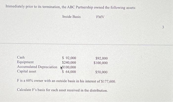 Immediately prior to its termination, the ABC Partnership owned the following assets:
Inside Basis
FMV
Cash
$ 92,000
$240,000
Accumulated Depreciation $100,000
$ 64,000
$92,000
$100,000
Equipment
Capital asset
$50,000
Fis a 60% owner with an outside basis in his interest of $177,600.
Calculate F's basis for each asset received in the distribution.
3.
