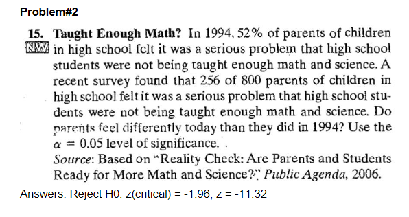 Problem#2
15. Taught Enough Math? In 1994, 52% of parents of children
NW in high school felt it was a serious problem that high school
students were not being taught enough math and science. A
recent survey found that 256 of 800 parents of children in
high school felt it was a serious problem that high school stu-
dents were not being taught enough math and science. Do
parents feel differently today than they did in 1994? Use the
a = 0.05 level of significance..
Source: Based on "Reality Check: Are Parents and Students
Ready for More Math and Science? Public Agenda, 2006.
Answers: Reject H0: z(critical) = -1.96, z = -11.32