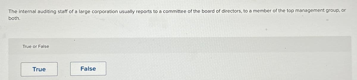 The internal auditing staff of a large corporation usually reports to a committee of the board of directors, to a member of the top management group, or
both.
True or False
True
False