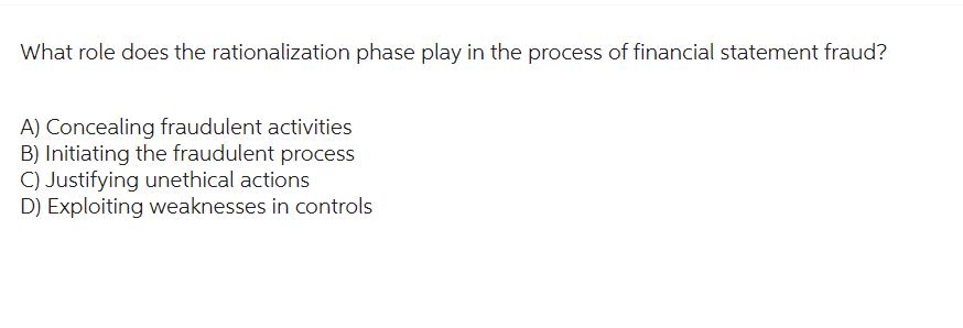 What role does the rationalization phase play in the process of financial statement fraud?
A) Concealing fraudulent activities
B) Initiating the fraudulent process
C) Justifying unethical actions
D) Exploiting weaknesses in controls