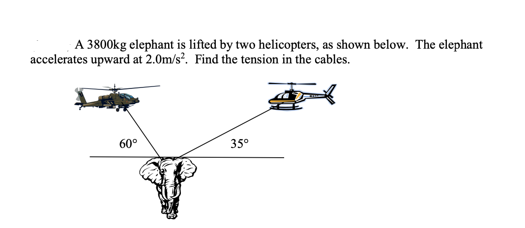 A 3800kg elephant is lifted by two helicopters, as shown below. The elephant
accelerates upward at 2.0m/s?. Find the tension in the cables.
60°
35°
