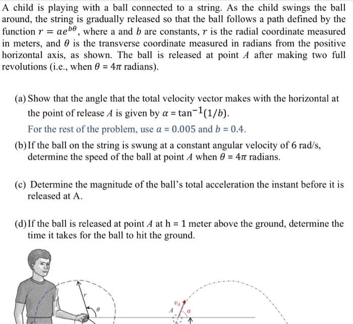 A child is playing with a ball connected to a string. As the child swings the ball
around, the string is gradually released so that the ball follows a path defined by the
function r = aebe, where a and b are constants, r is the radial coordinate measured
in meters, and is the transverse coordinate measured in radians from the positive
horizontal axis, as shown. The ball is released at point A after making two full
revolutions (i.e., when 0 = 47 radians).
(a) Show that the angle that the total velocity vector makes with the horizontal at
the point of release A is given by a = tan-1(1/b).
For the rest of the problem, use a = 0.005 and b = 0.4.
(b) If the ball on the string is swung at a constant angular velocity of 6 rad/s,
determine the speed of the ball at point A when 0 = 47 radians.
(c) Determine the magnitude of the ball's total acceleration the instant before it is
released at A.
(d) If the ball is released at point A at h = 1 meter above the ground, determine the
time it takes for the ball to hit the ground.