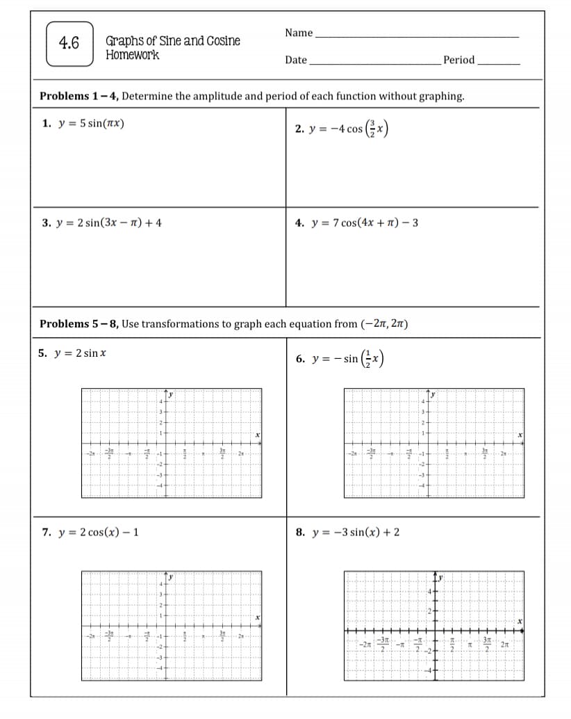 Name
4.6
Graphs of Sine and Cosine
Homework
Date
Period
Problems 1-4, Determine the amplitude and period of each function without graphing.
1. у %3D 5 sin(пх)
2. у %3D —4 cos
3. у %3D 2 sin(3x — п) + 4
4. у%3D7 сos(4х + п) — 3
Problems 5-8, Use transformations to graph each equation from (-27, 2n)
5. y = 2 sin x
6. y = - sin
ty
ty
-2
7. y = 2 cos(x) – 1
8. y = -3 sin(x) + 2
-2n
-3
