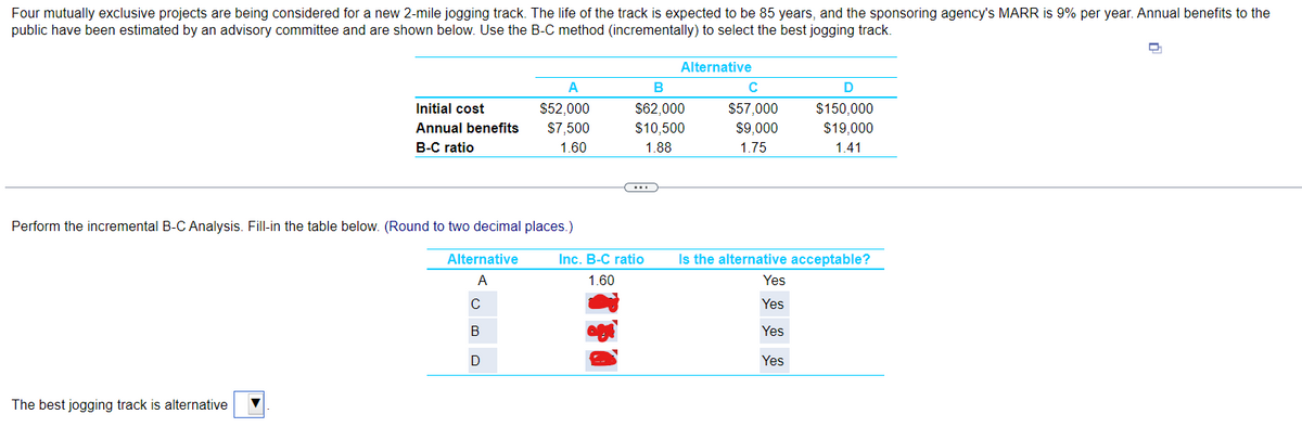 Four mutually exclusive projects are being considered for a new 2-mile jogging track. The life of the track is expected to be 85 years, and the sponsoring agency's MARR is 9% per year. Annual benefits to the
public have been estimated by an advisory committee and are shown below. Use the B-C method (incrementally) to select the best jogging track.
Initial cost
Annual benefits
B-C ratio
The best jogging track is alternative
A
$52,000
$7,500
1.60
Perform the incremental B-C Analysis. Fill-in the table below. (Round to two decimal places.)
Alternative
A
с
B
D
B
$62,000
$10,500
1.88
C…
Alternative
Inc. B-C ratio
1.60
C
$57,000
$9,000
1.75
D
$150,000
$19,000
1.41
Is the alternative acceptable?
Yes
Yes
Yes
Yes