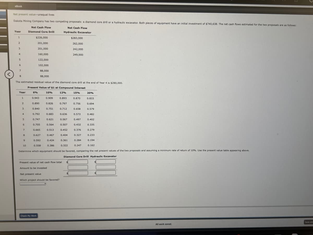 eBook
Net present value-unequal lives
Dakota Mining Company has two competing proposals: a diamond core drill or a hydraulic excavator. Both pieces of equipment have an initial investment of $740,638. The net cash flows estimated for the two proposals are as follows:
Net Cash Flow
Net Cash Flow
Year
Diamond Core Drill
Hydraulic Excavator
1
$226,000
$283,000
2
201,000
262,000
3
201,000
242,000
4
160,000
249,000
5
122,000
102,000
7
8
88,000
88,000
The estimated residual value of the diamond core drill at the end of Year 4 is $280,000.
Present Value of $1 at Compound Interest
Year
6%
10%
12%
15%
20%
1
0.943
0.909
0.893
0.870
0.833
2
0.890
0.826
0.797
0.756
0.694
0.840
0.751
0.712
0.658
0.579
4
0.792
0.683
0.636
0.572
0.482
5
0.747
0.621
0.567
0.497
0.402
6
0.705
0.564
0.507
0.432
0.335
7
0.665
0.513
0.452
0.376
0.279
8
0.627
0.467
0.404
0.327
0.233
0.592
0.424
0.361
0.284
10
0.558
0.386
0.322
0.247
0.194
0.162
Determine which equipment should be favored, comparing the net present values of the two proposals and assuming a minimum rate of return of 10%. Use the present value table appearing above.
Diamond Core Drill Hydraulic Excavator
Present value of net cash flow total
Amount to be invested
Net present value
Which project should be favored?
Check My Work
Save an
All work saved.