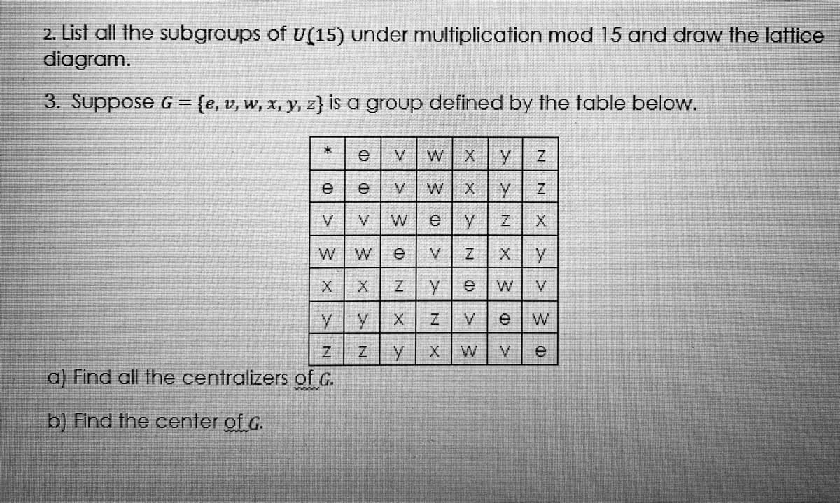 2. List all the subgroups of u(15) under multiplication mod 15 and draw the lattice
diagram.
3. Suppose G= {e, v, w, x, y, z} is a group defined by the table below.
%3D
e
V.
W X
e
e
W X
V
V
W
ey
W W
e
V
X
X
Zye
W
V
YY
V
W
X
W
e
a) Find all the centralizers of G.
b) Find the center of G.
>>N X
> >
N X
