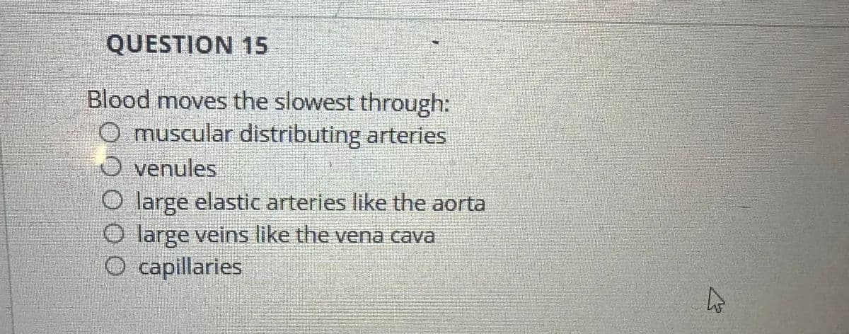 QUESTION 15
Blood moves the slowest through:
O muscular distributing arteries
O venules
O large elastic arteries like the aorta
O large veins like the vena cava
O capillaries