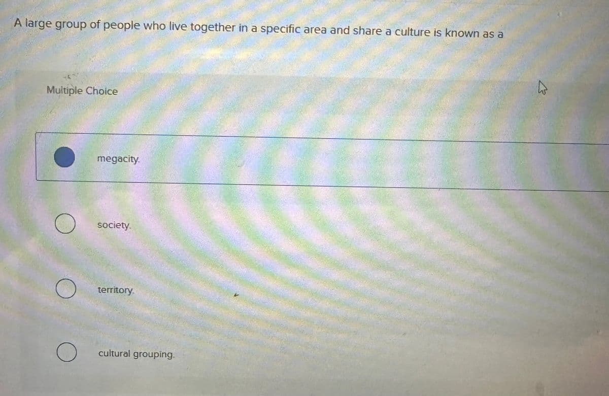 A large group of people who live together in a specific area and share a culture is known as a
Multiple Choice
megacity.
society.
territory.
cultural grouping.