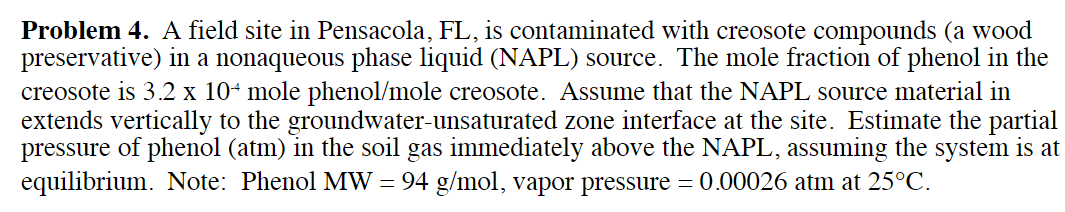 Problem 4. A field site in Pensacola, FL, is contaminated with creosote compounds (a wood
preservative) in a nonaqueous phase liquid (NAPL) source. The mole fraction of phenol in the
creosote is 3.2 x 104 mole phenol/mole creosote. Assume that the NAPL source material in
extends vertically to the groundwater-unsaturated zone interface at the site. Estimate the partial
pressure of phenol (atm) in the soil gas immediately above the NAPL, assuming the system is at
equilibrium. Note: Phenol MW = 94 g/mol, vapor pressure = 0.00026 atm at 25°C.