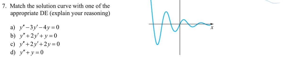 7. Match the solution curve with one of the
appropriate DE (explain your reasoning)
a) у"-3у'- 4у%3D0
b) y"+2y'+y= 0
с) у"+2у'+2у %3D 0
d) y"+y=0
