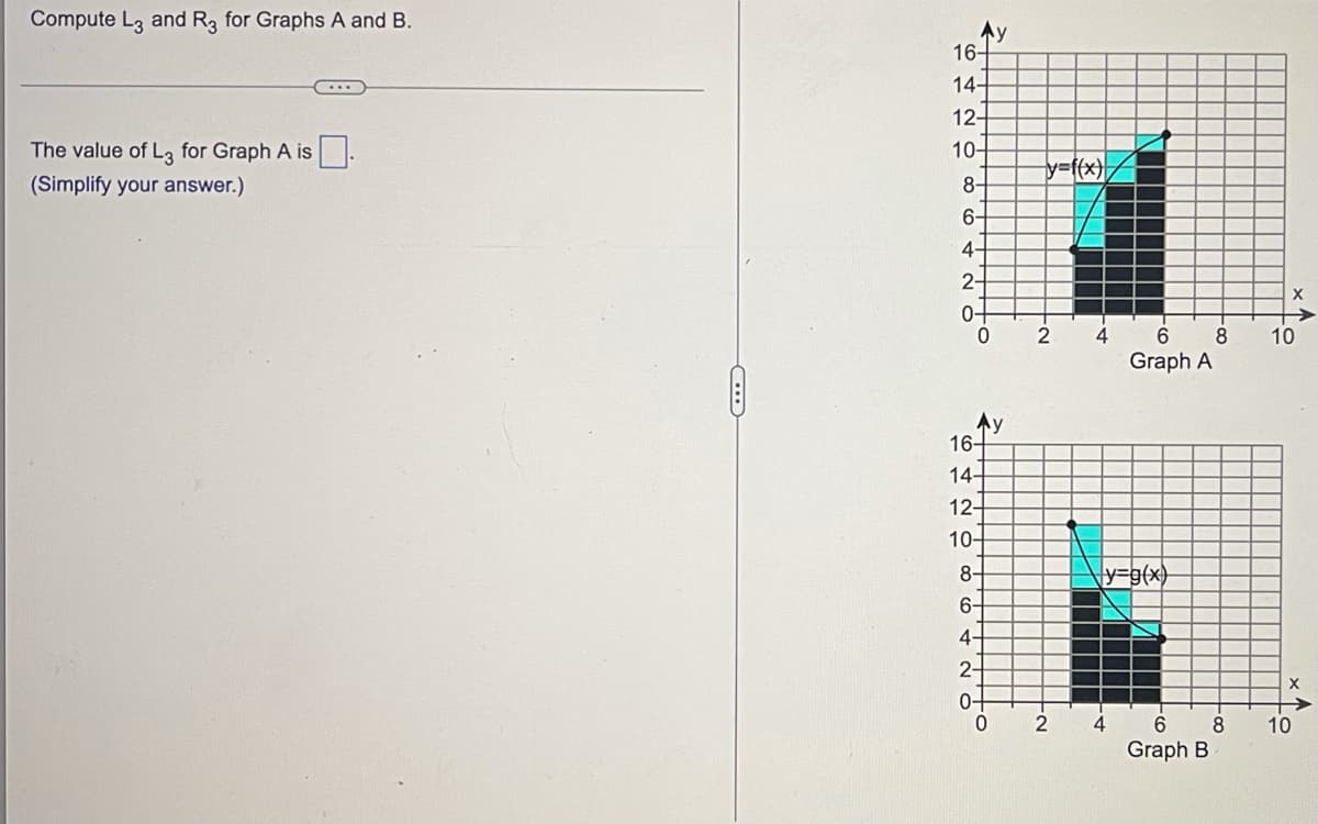 Compute L3 and R3 for Graphs A and B.
The value of L3 for Graph A is
(Simplify your answer.)
C
Ay
16-
14-
12-
10-
0864 NO
2-
0-
0
16-
14-
12-
10-
8-
6-
4-
2-
0-
0
y
y=f(x)
2 4
N-
-2
11
6
Graph A
y=g(x)
6
Graph B
4
8
8
X
10
10