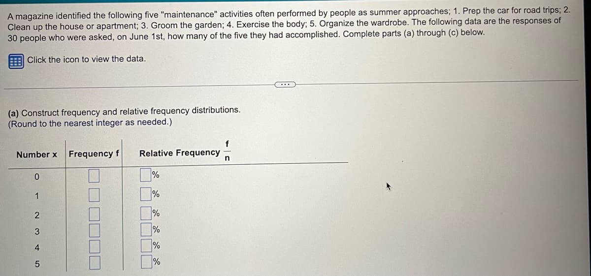 A magazine identified the following five "maintenance" activities often performed by people as summer approaches; 1. Prep the car for road trips; 2.
Clean up the house or apartment; 3. Groom the garden; 4. Exercise the body; 5. Organize the wardrobe. The following data are the responses of
30 people who were asked, on June 1st, how many of the five they had accomplished. Complete parts (a) through (c) below.
Click the icon to view the data.
(a) Construct frequency and relative frequency distributions.
(Round to the nearest integer as needed.).
Number x Frequency f
0
1
2
3
4
5
f
Relative Frequency n
%
%
%
%
%
%