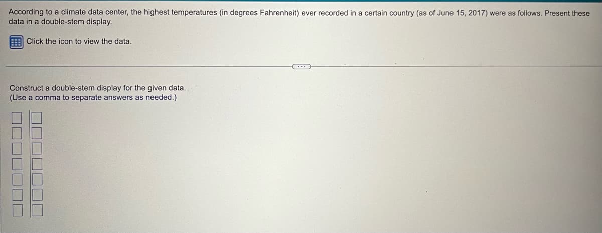 According to a climate data center, the highest temperatures (in degrees Fahrenheit) ever recorded in a certain country (as of June 15, 2017) were as follows. Present these
data in a double-stem display.
Click the icon to view the data.
Construct a double-stem display for the given data.
(Use a comma to separate answers as needed.)
☐☐☐☐☐☐☐
☐☐☐☐☐☐☐